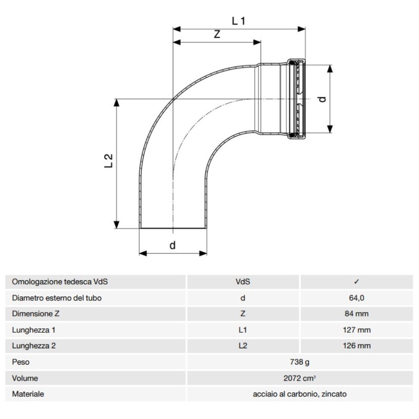 Immagine di Viega PRESTABO XL curva a 90° Ø 64.0 acciaio zincato con sc-contur 597641