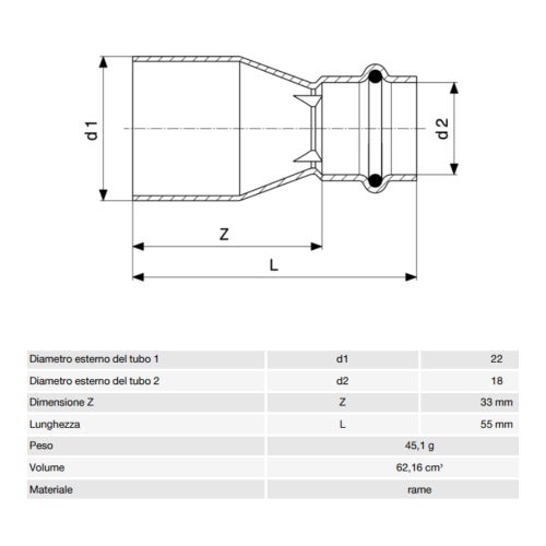 Immagine di Viega PROFIPRESS S manicotto di riduzione di Ø 22 x 18, in rame lucido con sc-contur (alte temperature) 629021