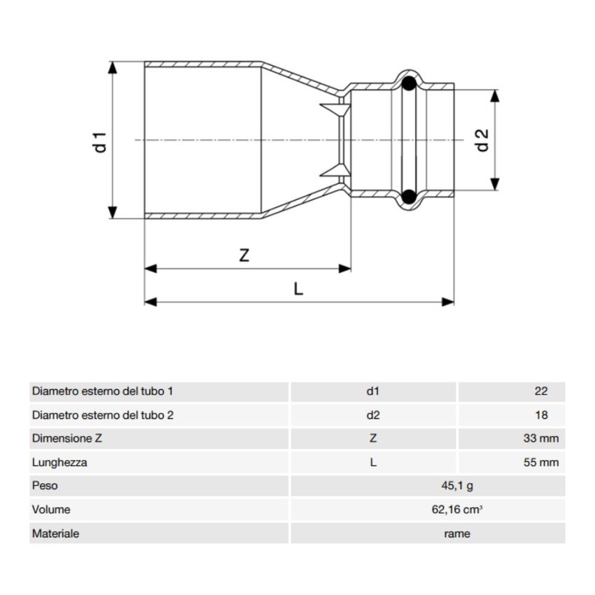 Immagine di Viega PROFIPRESS S manicotto di riduzione di Ø 22 x 18, in rame lucido con sc-contur (alte temperature) 629021