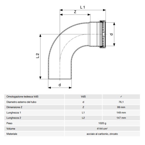 Immagine di Viega PRESTABO XL curva a 90° Ø 76.1 acciaio zincato con sc-contur 597658