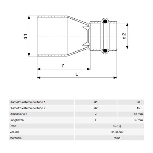 Immagine di Viega PROFIPRESS S manicotto di riduzione di Ø 28 x 15, in rame lucido con sc-contur (alte temperature) 629038