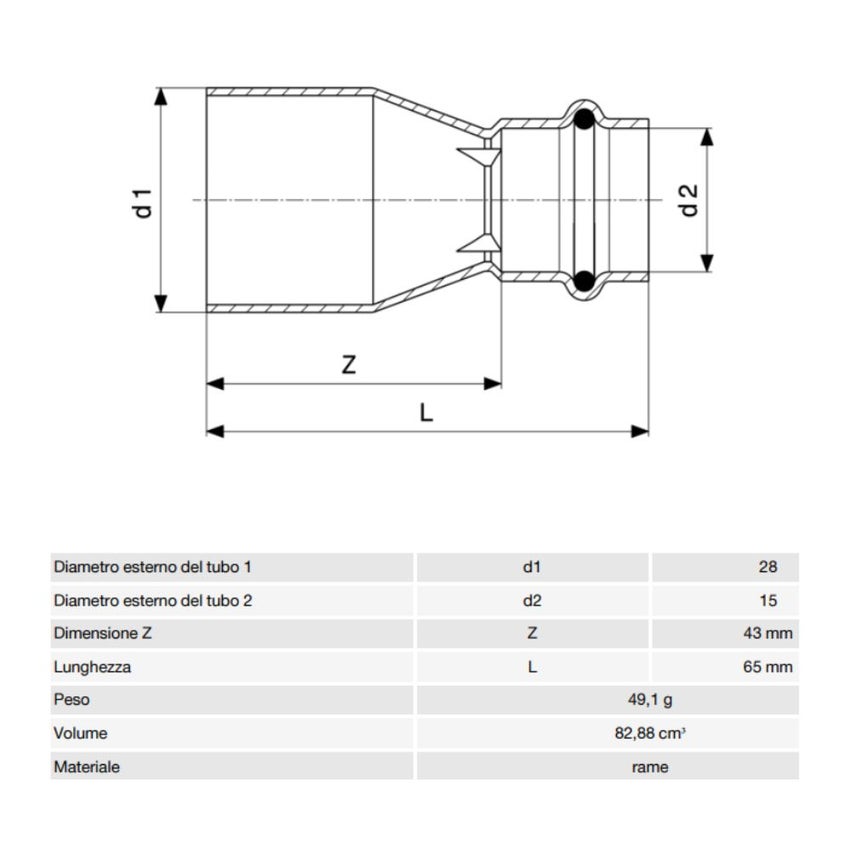 Immagine di Viega PROFIPRESS S manicotto di riduzione di Ø 28 x 15, in rame lucido con sc-contur (alte temperature) 629038