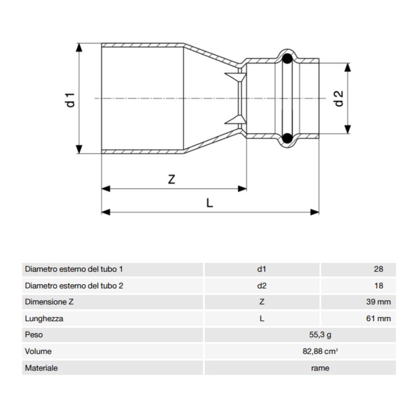 Immagine di Viega PROFIPRESS S manicotto di riduzione di Ø 28 x 18, in rame lucido con sc-contur (alte temperature) 629045