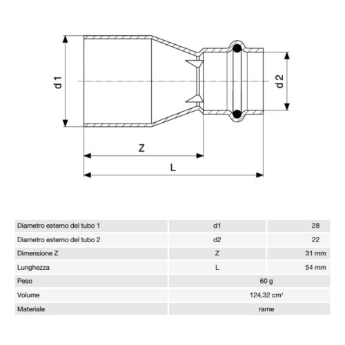 Immagine di Viega PROFIPRESS S manicotto di riduzione di Ø 28 x 22, in rame lucido con sc-contur (alte temperature) 629052