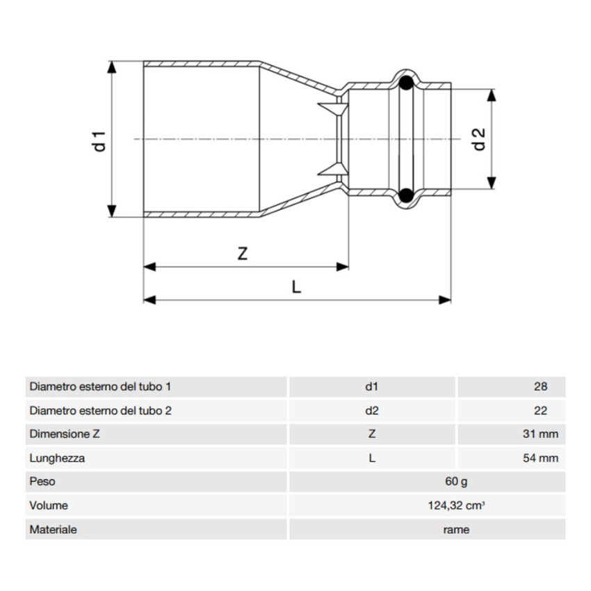 Immagine di Viega PROFIPRESS S manicotto di riduzione di Ø 28 x 22, in rame lucido con sc-contur (alte temperature) 629052