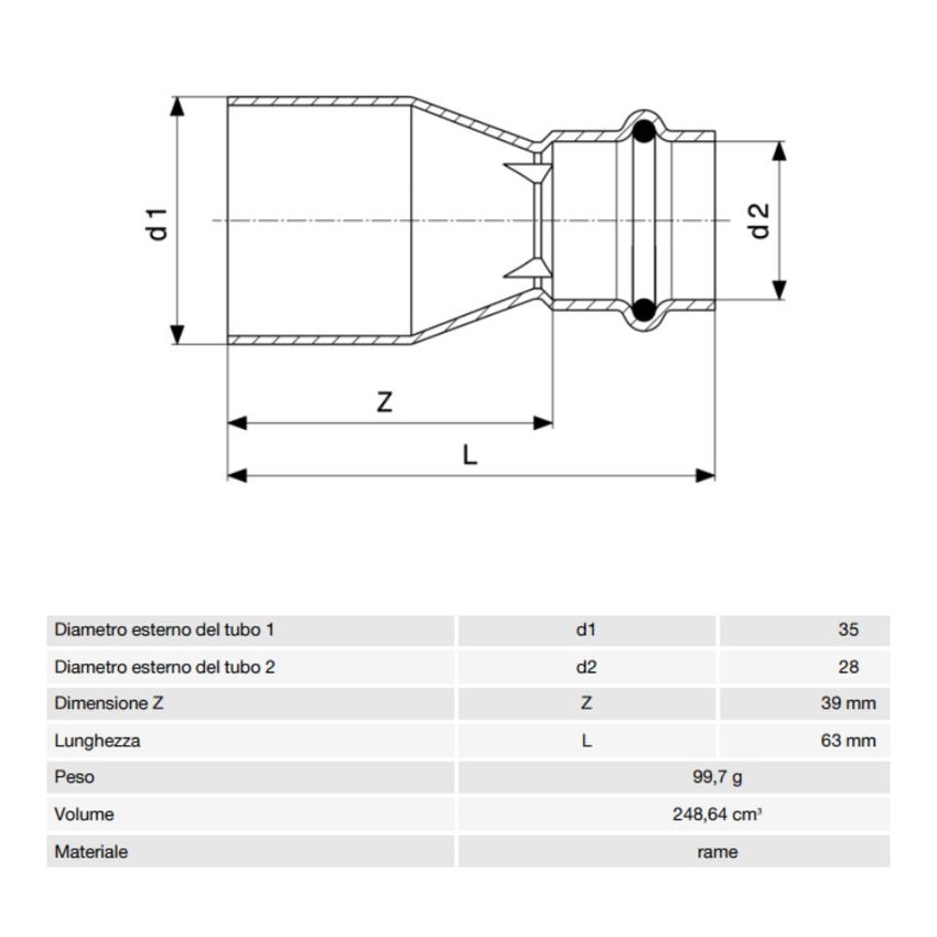 Immagine di Viega PROFIPRESS S manicotto di riduzione di Ø 35 x 28, in rame lucido con sc-contur (alte temperature) 629076