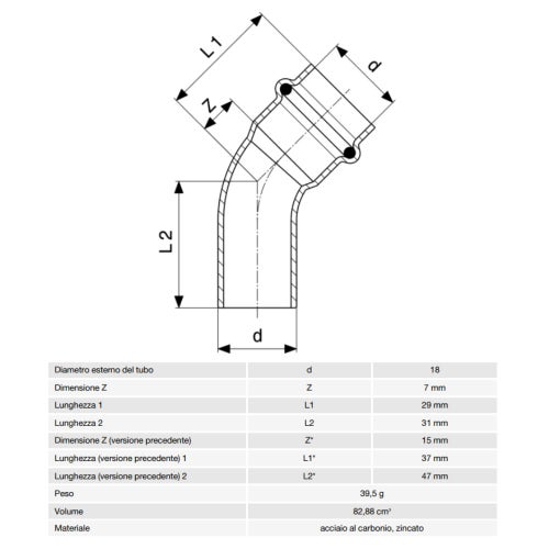Immagine di Viega PRESTABO curva a 45° Ø 18 acciaio zingato con sc-contur  558345
