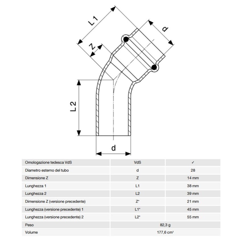 Immagine di Viega PRESTABO curva a 45° Ø 28 acciaio zingato con sc-contur  558369