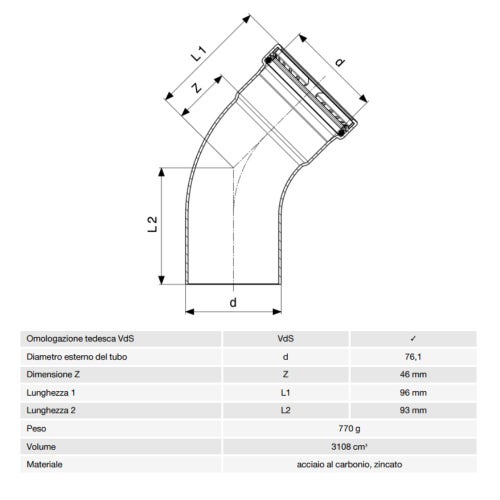 Immagine di Viega PRESTABO XL curva a 45° Ø 76 con filetto maschio, acciaio zincato con sc-contur 597696