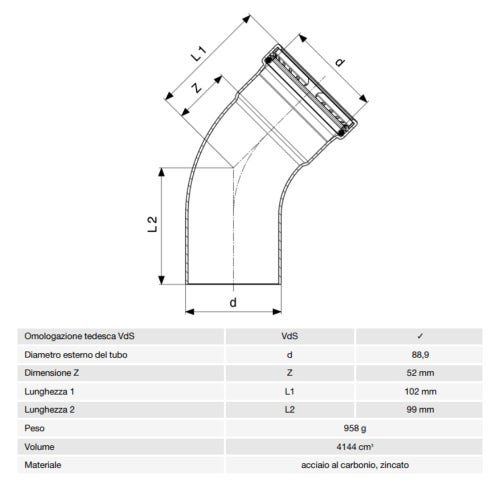 Immagine di Viega PRESTABO XL curva a 45° Ø 89 con filetto maschio, acciaio zincato con sc-contur 597702