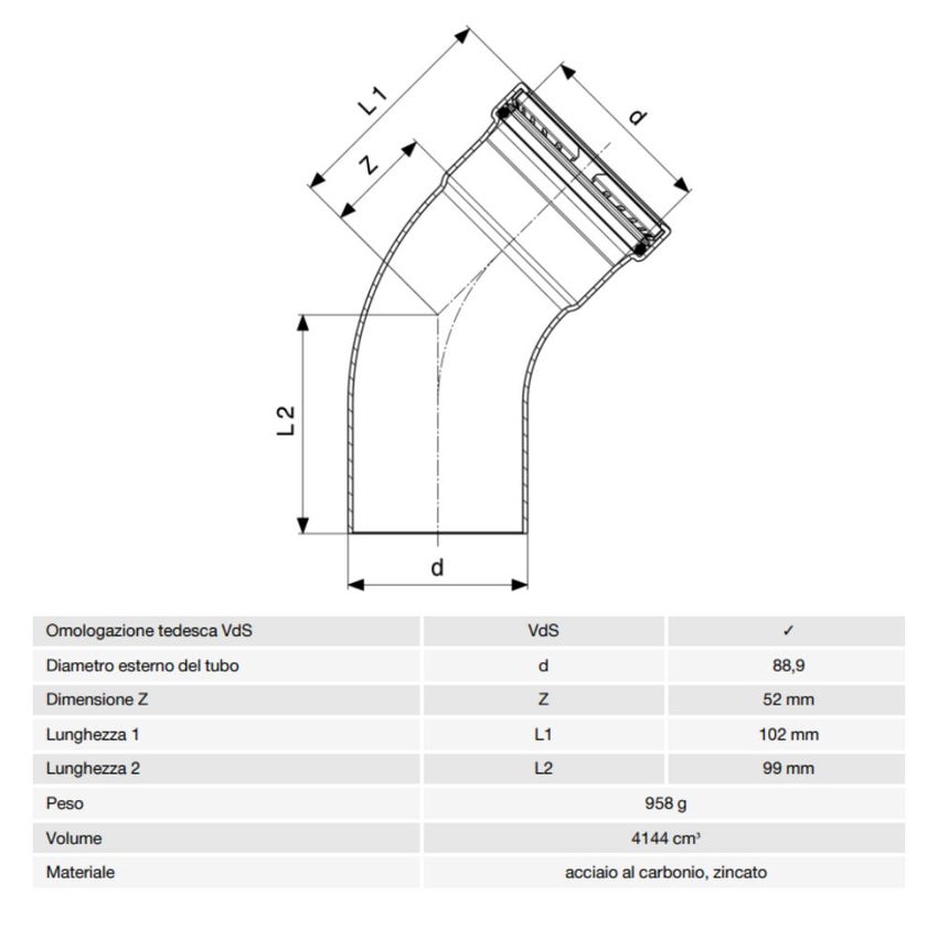Immagine di Viega PRESTABO XL curva a 45° Ø 89 con filetto maschio, acciaio zincato con sc-contur 597702
