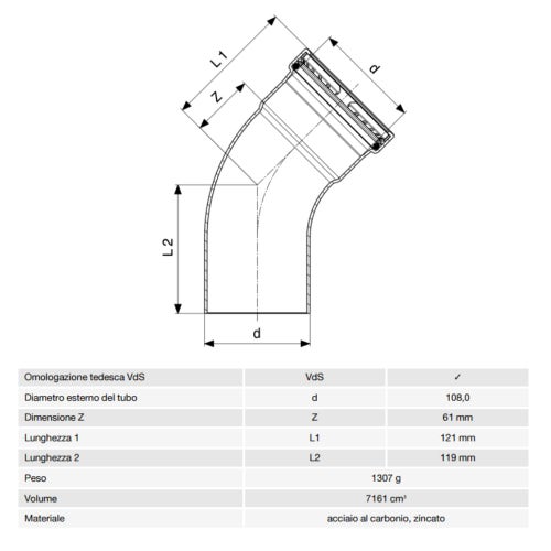 Immagine di Viega PRESTABO XL curva a 45° Ø 108 con filetto maschio, acciaio zincato con sc-contur 597719