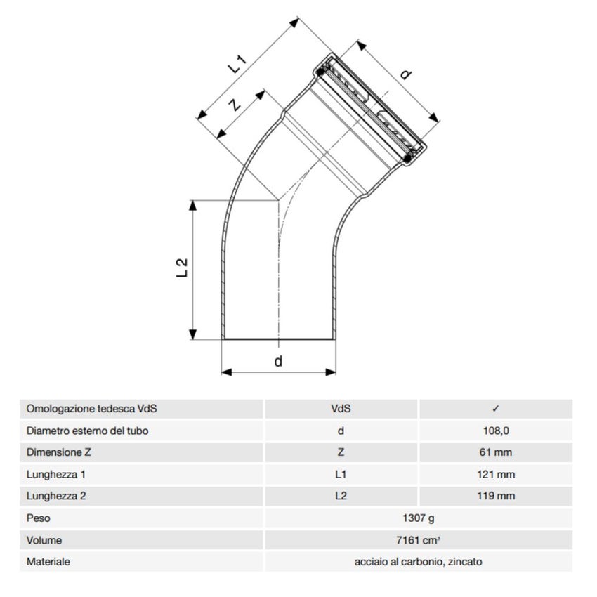Immagine di Viega PRESTABO XL curva a 45° Ø 108 con filetto maschio, acciaio zincato con sc-contur 597719