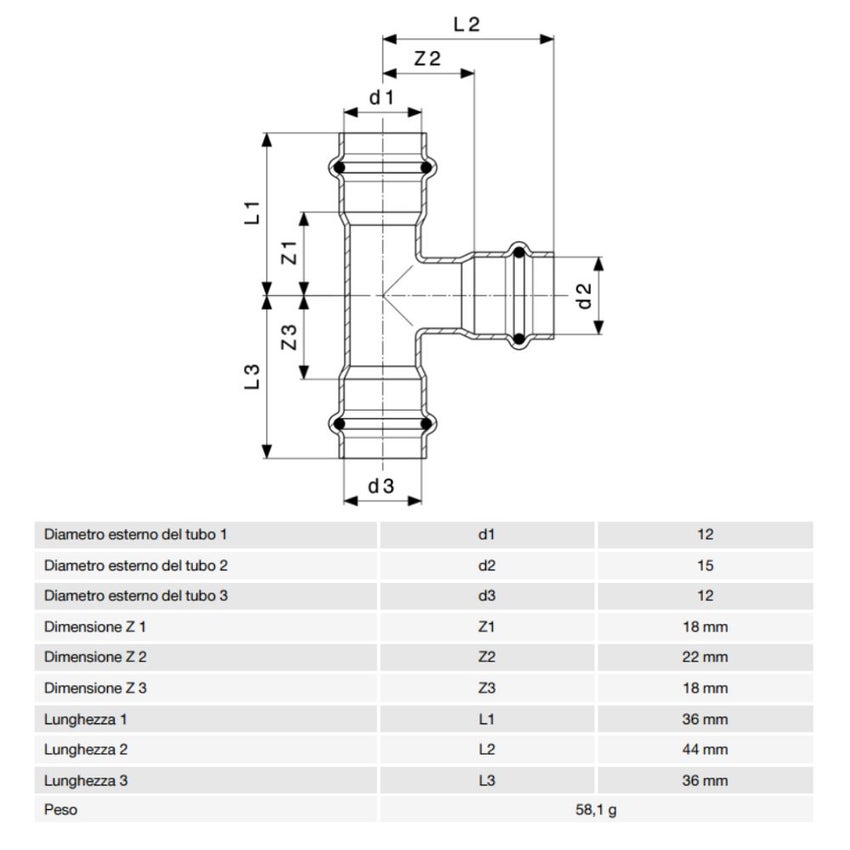Immagine di Viega PRESTABO raccordo a T Ø 12 x 15 acciaio zincato con sc-contur  605216