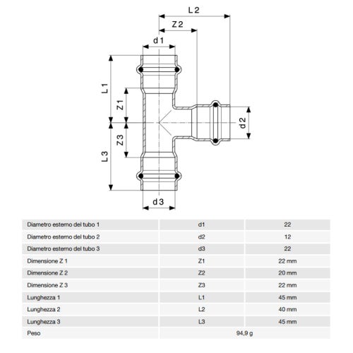 Immagine di Viega PRESTABO raccordo a T Ø 22 x 12 acciaio zincato con sc-contur  648602