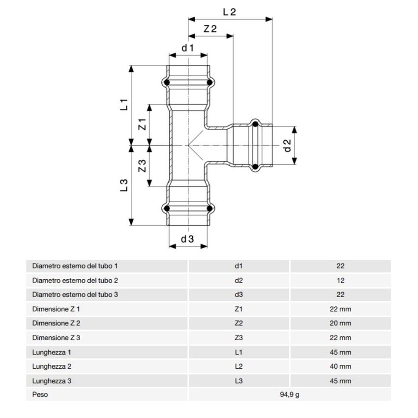 Immagine di Viega PRESTABO raccordo a T Ø 22 x 12 acciaio zincato con sc-contur  648602