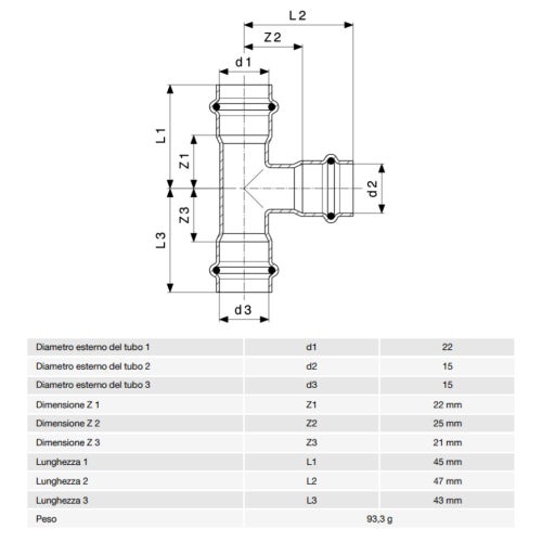 Immagine di Viega PRESTABO raccordo a T Ø 22 x 15 acciaio zincato con sc-contur  642617