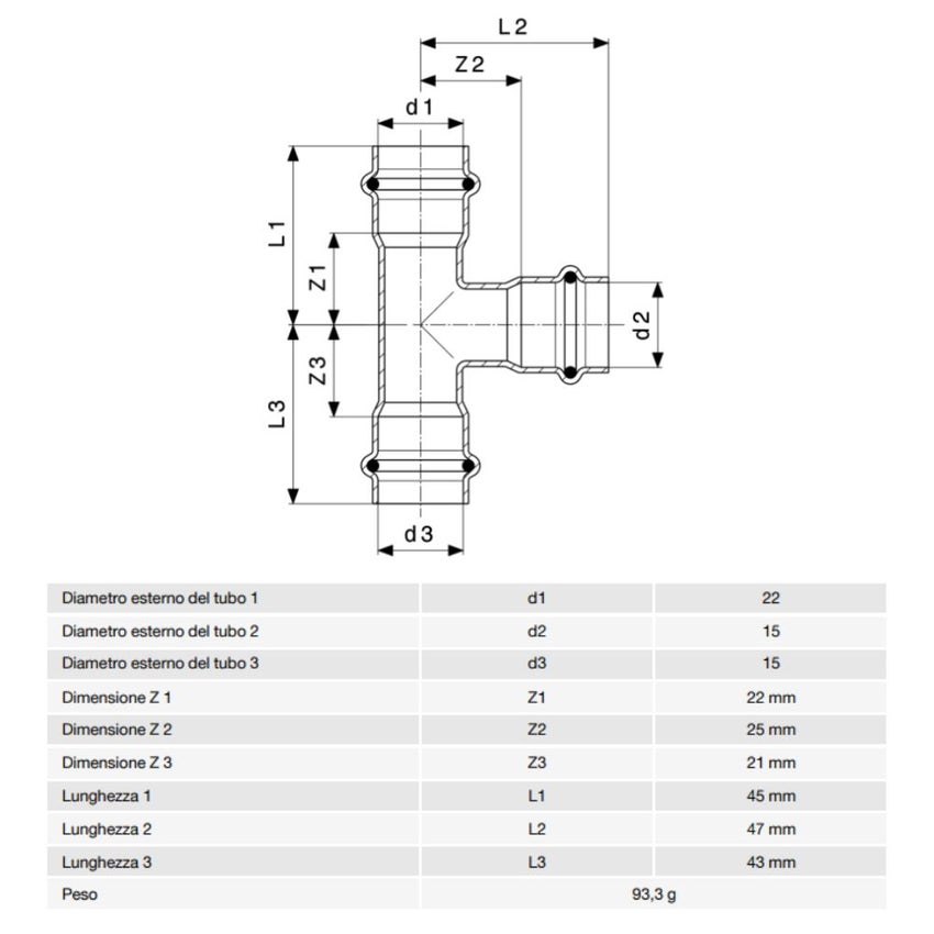 Immagine di Viega PRESTABO raccordo a T Ø 22 x 15 acciaio zincato con sc-contur  642617