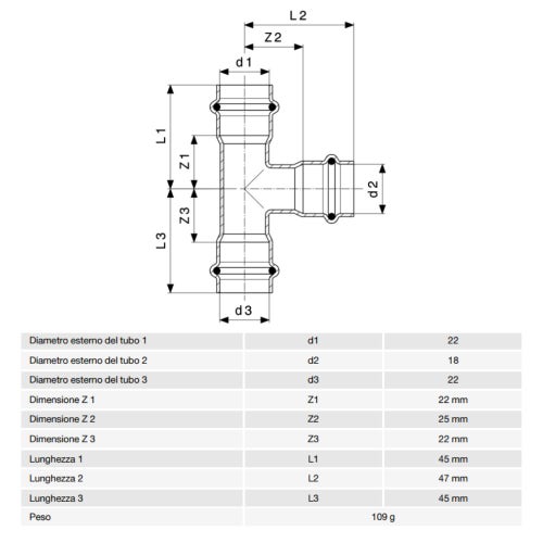 Immagine di Viega PRESTABO raccordo a T Ø 22 x 18 acciaio zincato con sc-contur  558703