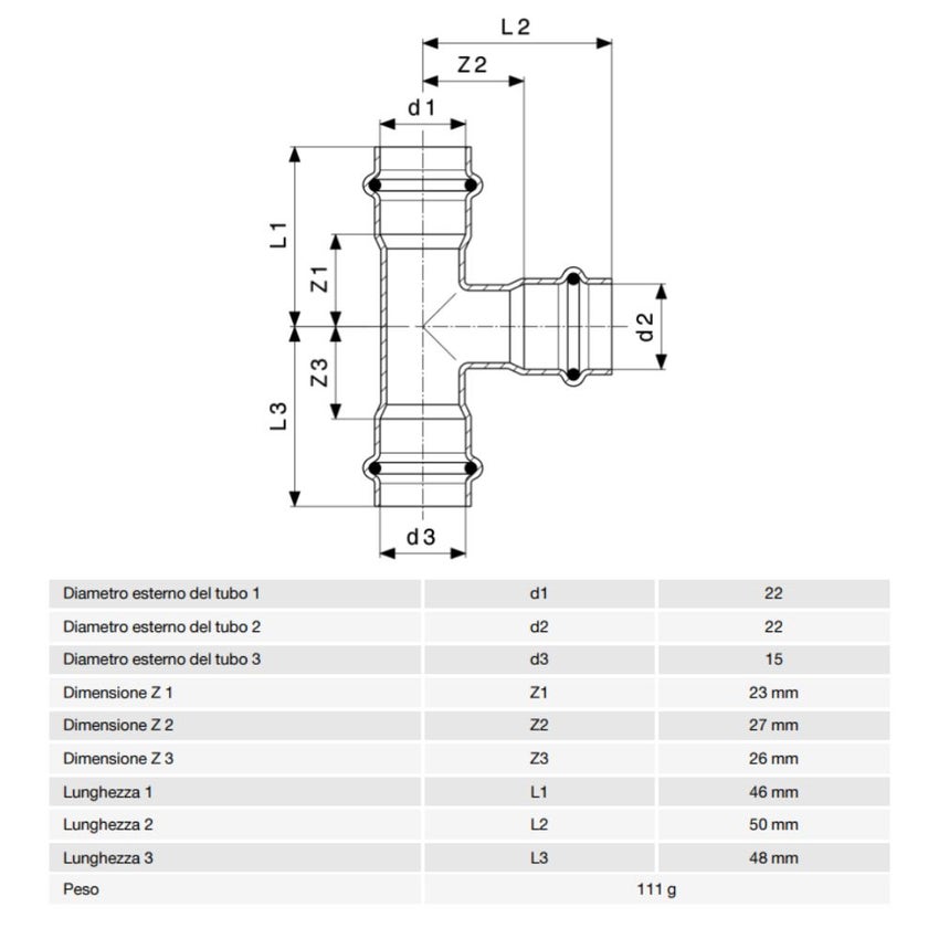 Immagine di Viega PRESTABO raccordo a T Ø 22 x 15 acciaio zincato con sc-contur  642655