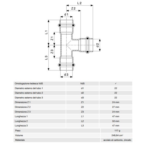 Immagine di Viega PRESTABO raccordo a T Ø 22 acciaio zincato con sc-contur  558635