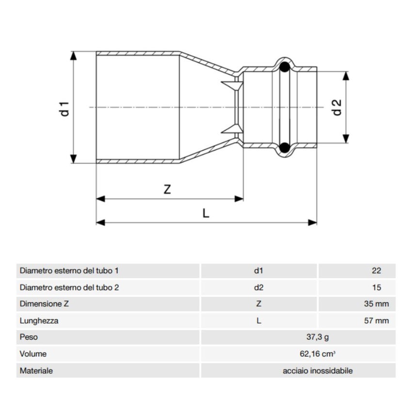Immagine di Viega SANPRESS INOX manicotto di riduzione di Ø 22 x 15, in acciaio inox lucido con sc-contur (acqua) 436230