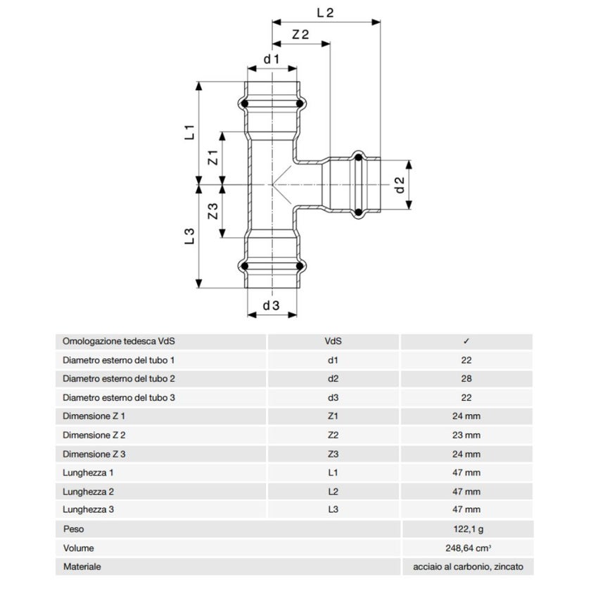 Immagine di Viega PRESTABO raccordo a T Ø 22 x 28 acciaio zincato con sc-contur  558871