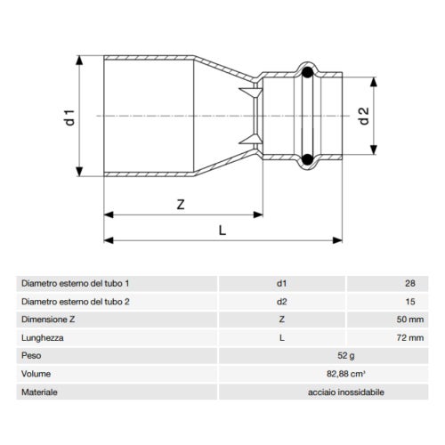 Immagine di Viega SANPRESS INOX manicotto di riduzione di Ø 28 x 15, in acciaio inox lucido con sc-contur (acqua) 436254
