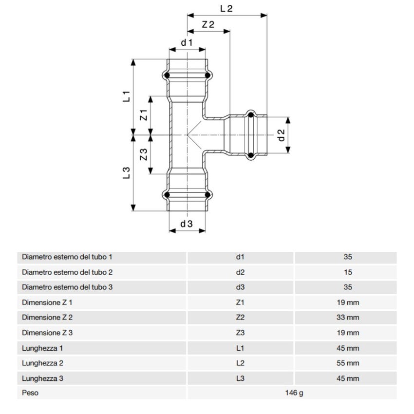 Immagine di Viega PRESTABO raccordo a T Ø 35 x 15 acciaio zincato con sc-contur  558741