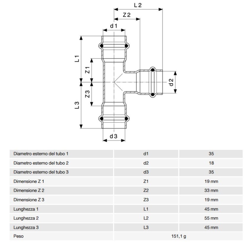 Immagine di Viega PRESTABO raccordo a T Ø 35 x 18 acciaio zincato con sc-contur  558758