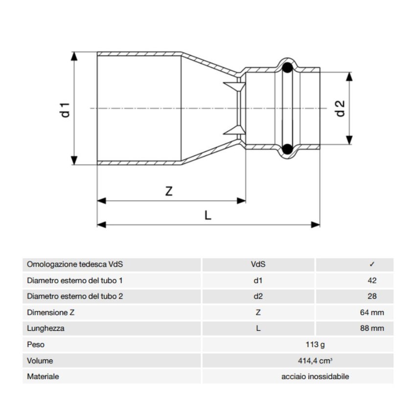 Immagine di Viega SANPRESS INOX manicotto di riduzione di Ø 42 x 28, in acciaio inox lucido con sc-contur (acqua) 436322