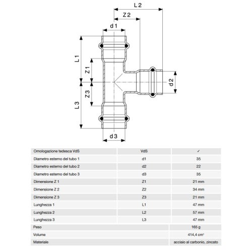 Immagine di Viega PRESTABO raccordo a T Ø 35 x 22 acciaio zincato con sc-contur  558765