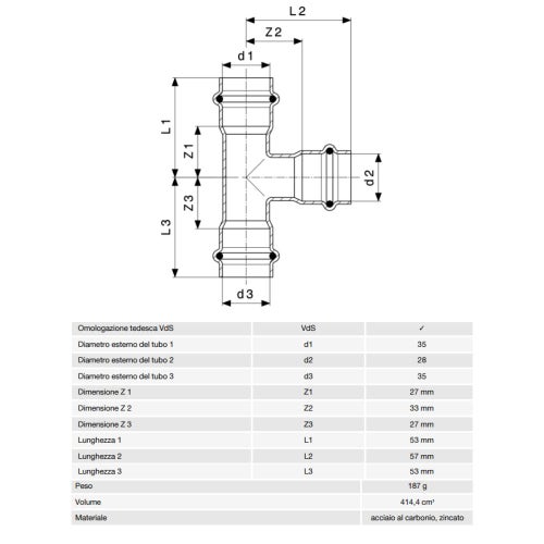 Immagine di Viega PRESTABO raccordo a T Ø 35 x 28 acciaio zincato con sc-contur  558772