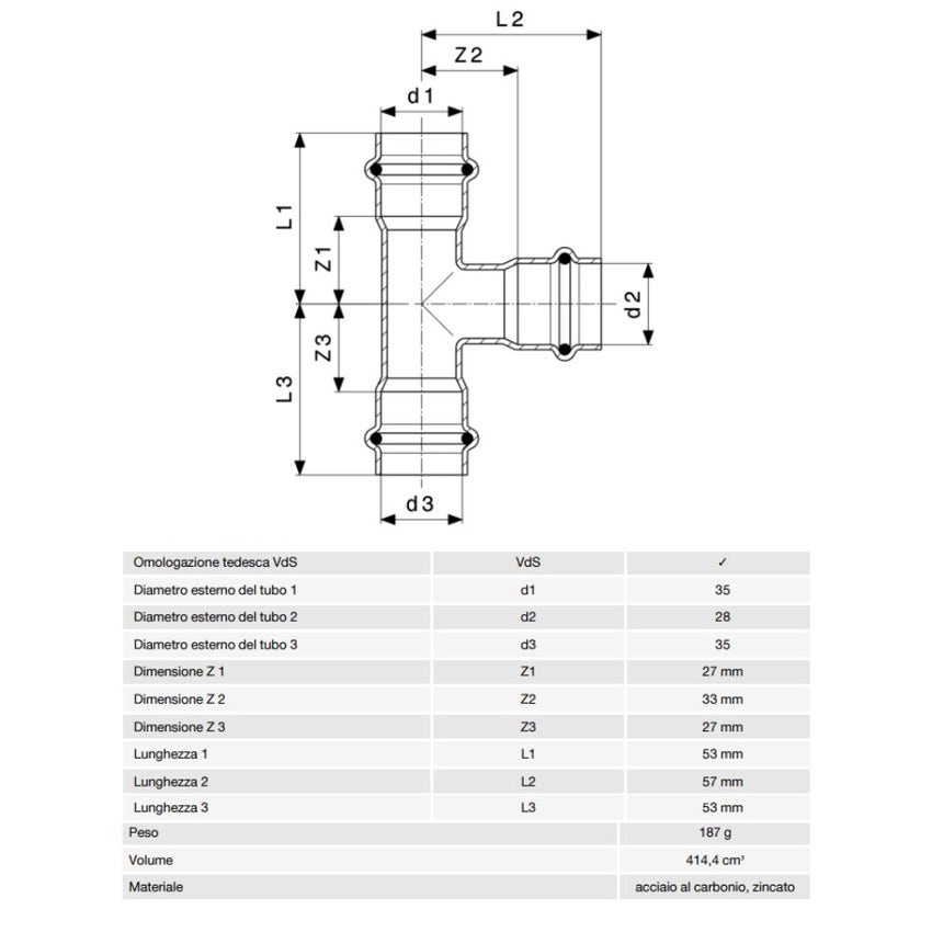 Immagine di Viega PRESTABO raccordo a T Ø 35 x 28 acciaio zincato con sc-contur  558772