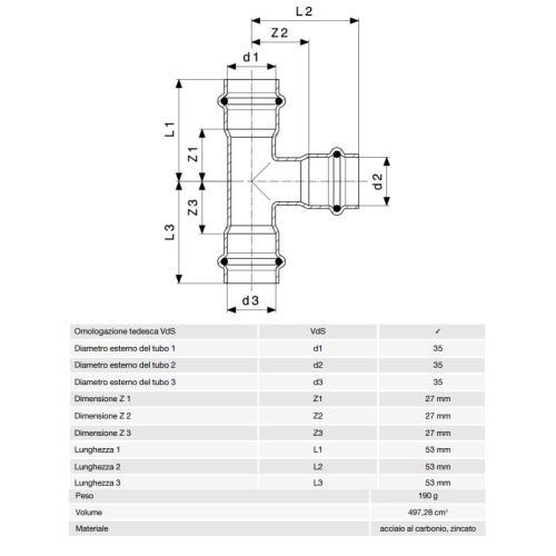 Immagine di Viega PRESTABO raccordo a T Ø 35 acciaio zincato con sc-contur  558659