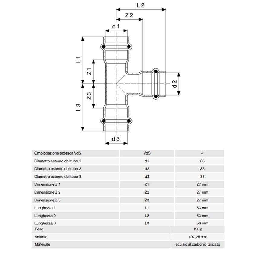 Immagine di Viega PRESTABO raccordo a T Ø 35 acciaio zincato con sc-contur  558659