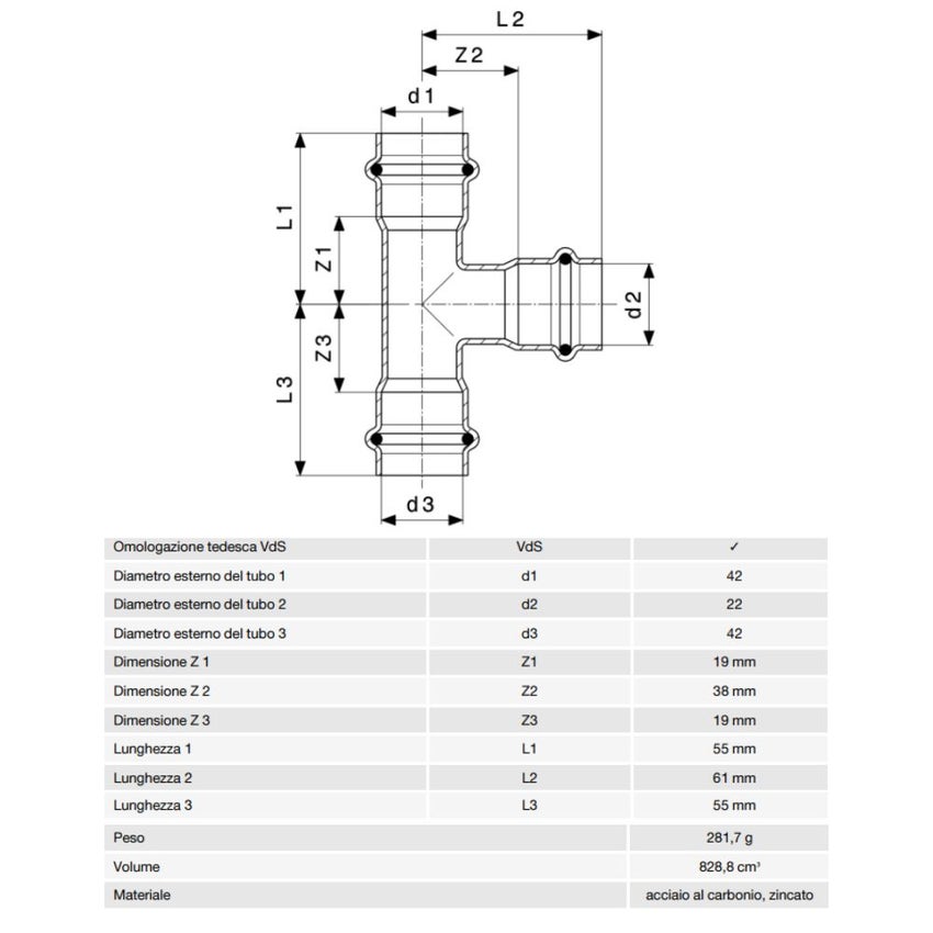 Immagine di Viega PRESTABO raccordo a T Ø 42 x 22 acciaio zincato con sc-contur  558789