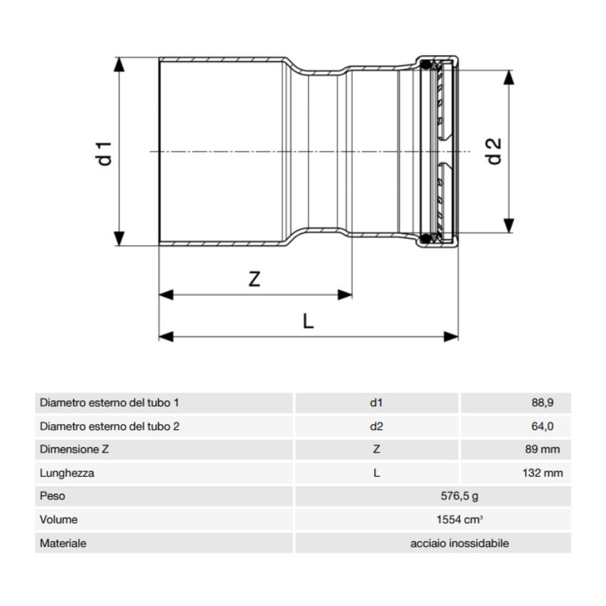 Immagine di Viega SANPRESS INOX XL manicotto di riduzione di Ø 89 x 64, in acciaio inox lucido con sc-contur (acqua) 578121