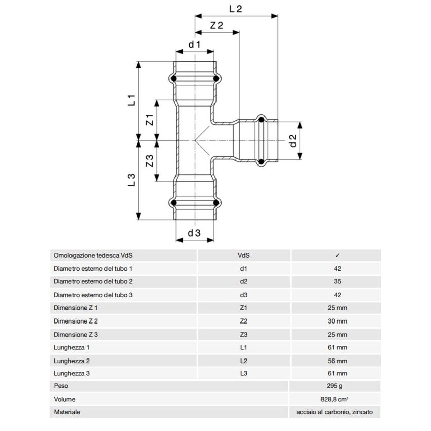 Immagine di Viega PRESTABO raccordo a T Ø 42 x 35 acciaio zincato con sc-contur  558802