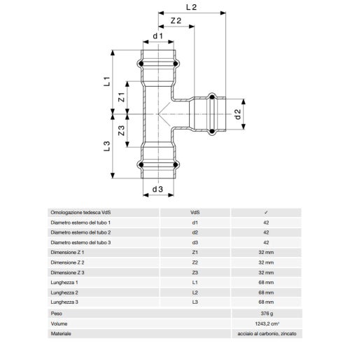 Immagine di Viega PRESTABO raccordo a T Ø 42 acciaio zincato con sc-contur  558666