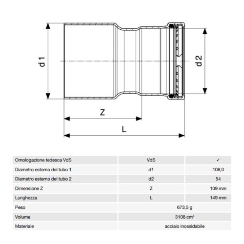 Immagine di Viega SANPRESS INOX XL manicotto di riduzione di Ø 108 x 54, in acciaio inox lucido con sc-contur (acqua) 483166