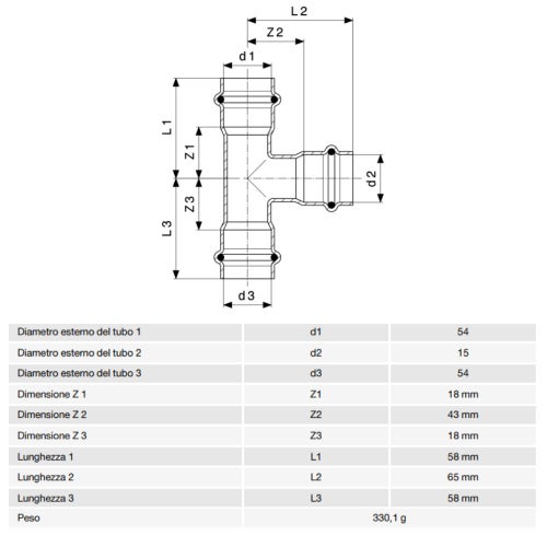 Immagine di Viega PRESTABO raccordo a T Ø 54 x 15 acciaio zincato con sc-contur  642570
