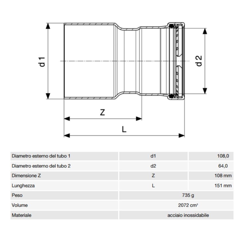 Immagine di Viega SANPRESS INOX XL manicotto di riduzione di Ø 108 x 64, in acciaio inox lucido con sc-contur (acqua) 578138