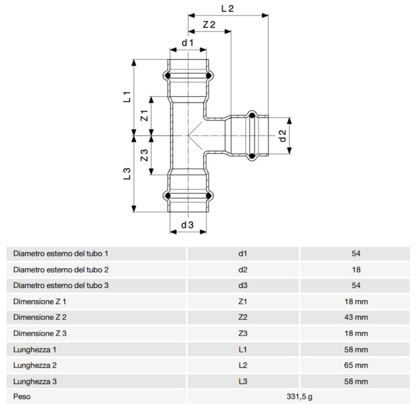 Immagine di Viega PRESTABO raccordo a T Ø 54 x 18 acciaio zincato con sc-contur  723682