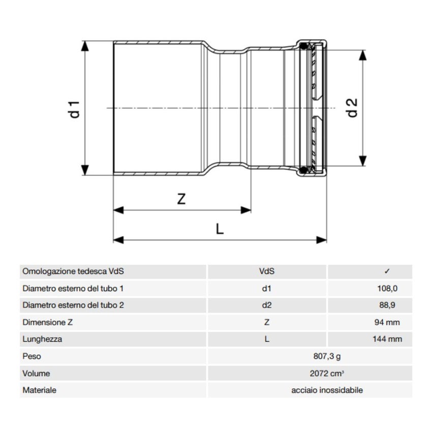 Immagine di Viega SANPRESS INOX XL manicotto di riduzione di Ø 108 x 89, in acciaio inox lucido con sc-contur (acqua) 483180