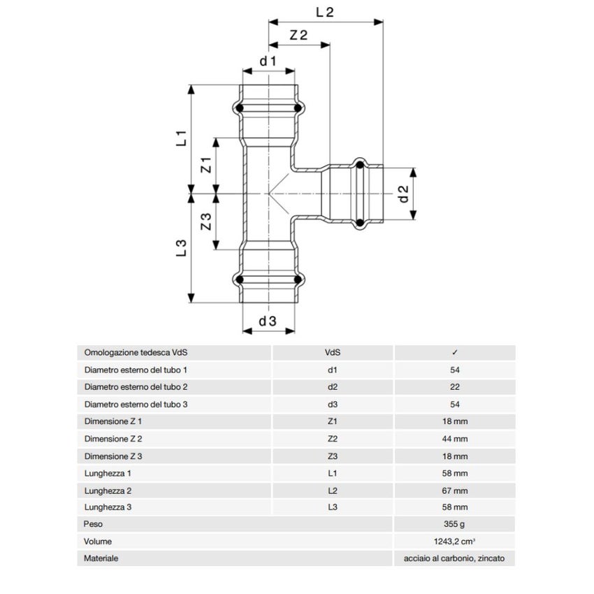 Immagine di Viega PRESTABO raccordo a T Ø 54 x 22 acciaio zincato con sc-contur  558819