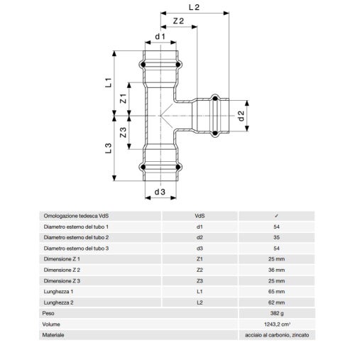 Immagine di Viega PRESTABO raccordo a T Ø 54 x 35 acciaio zincato con sc-contur  558833