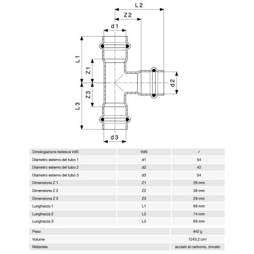 Immagine di Viega PRESTABO raccordo a T Ø 54 x 42 acciaio zincato con sc-contur  558840