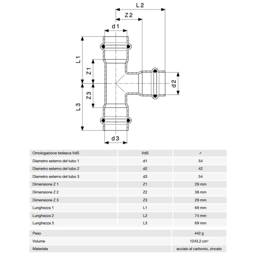 Immagine di Viega PRESTABO raccordo a T Ø 54 x 42 acciaio zincato con sc-contur  558840