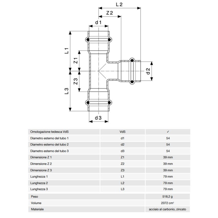 Immagine di Viega PRESTABO raccordo a T Ø 54 acciaio zincato con sc-contur  558673